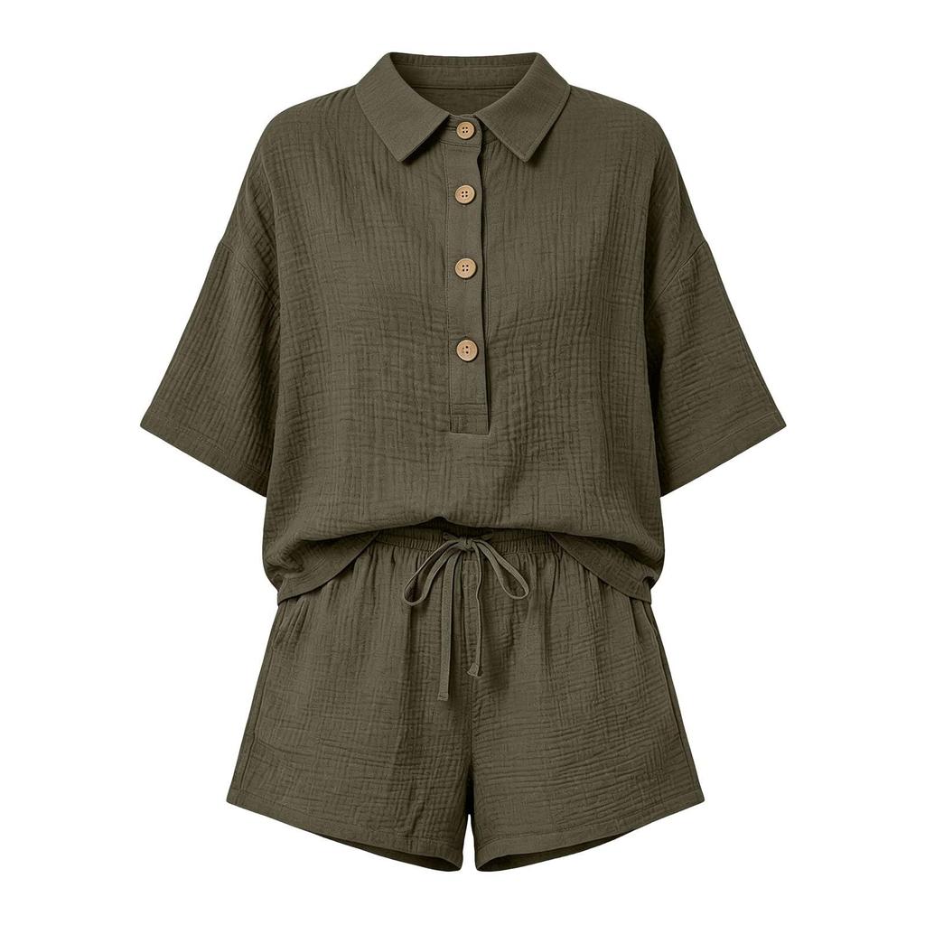 Women Casual Two Piece Set Lightweight Button Down Shirt and Drawstring Waist Shorts Relaxed Fit Summer Outfit