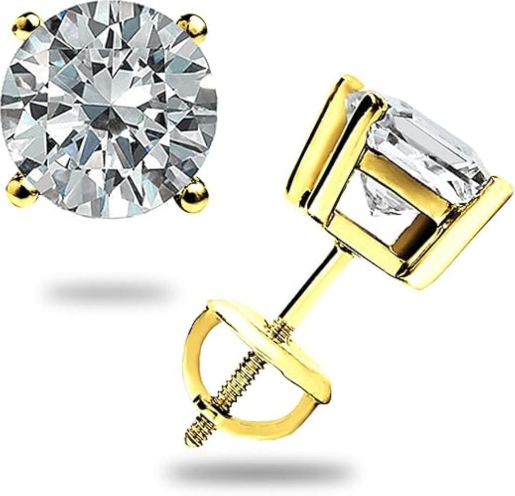 Jewels Prim 2.0 CT GRA MOISSANITE EARRINGS 14K SOLID YELLOW GOLD STUDS SCREW-BACK GREAT GIFT