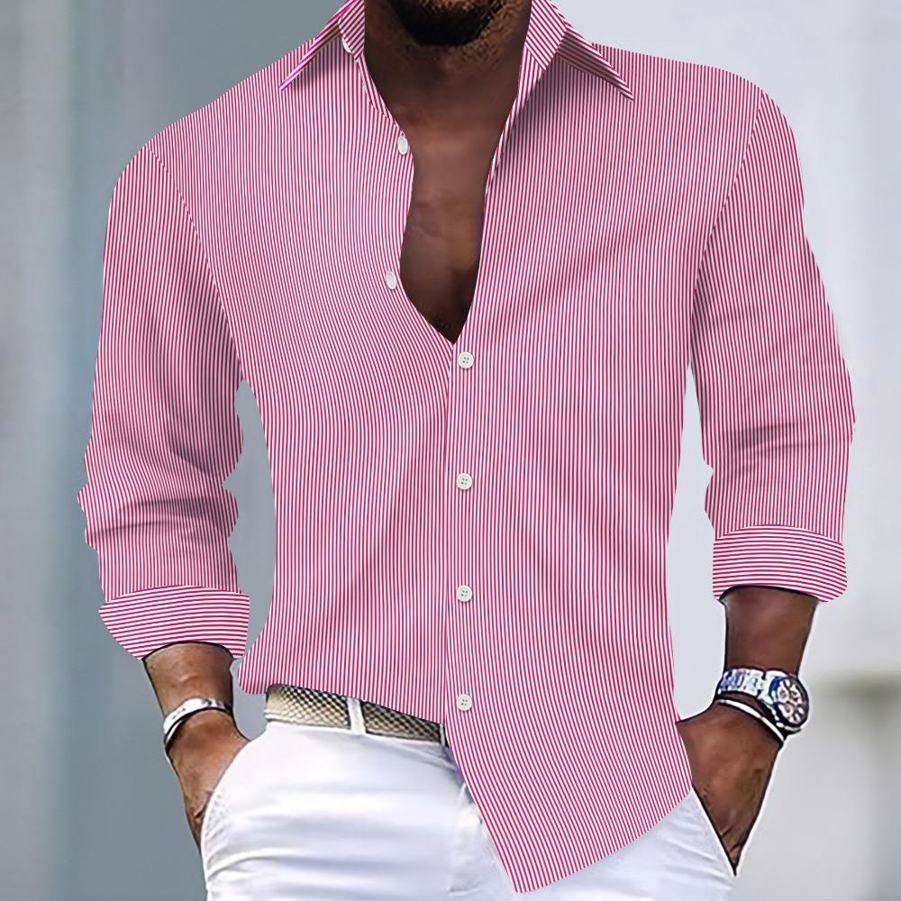 Camicia casual da uomo a righe con revers a maniche lunghe