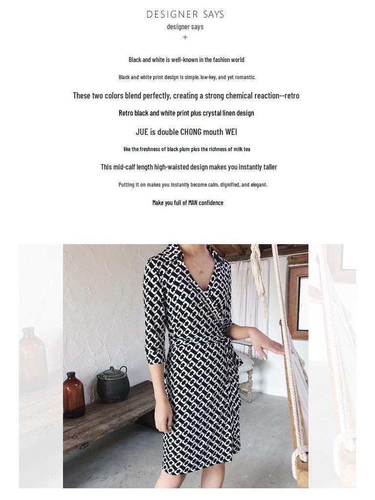 Women's Stand Collar High Waist Wrap Dress - Black & White, 3/4 Sleeve for Summer/Autumn