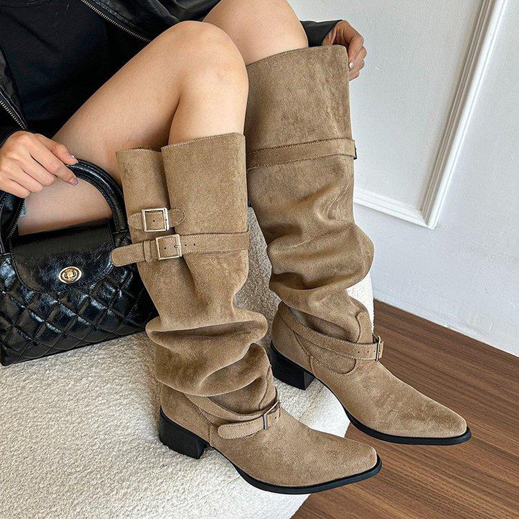 Super Fire Boots, Trouser Boots Women's 2025 New Thick Heel Black But Knee Stacking Boots Big Tube Circumference Knight Boots