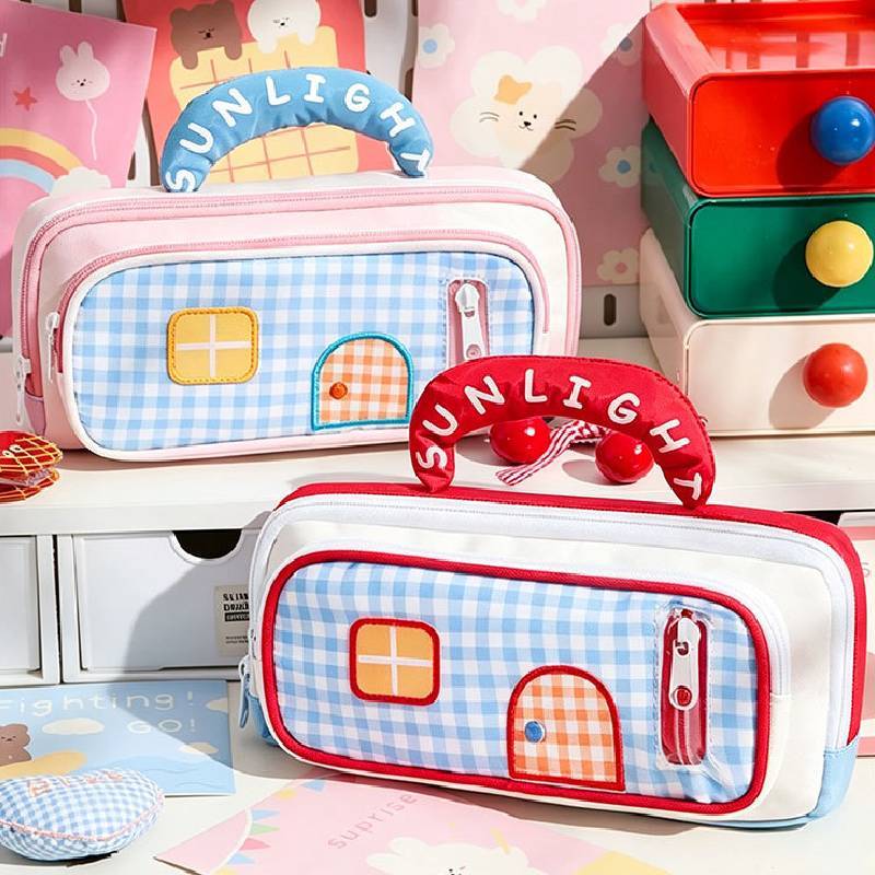 Color Blocks House Pen Case With Large Capacity For Office And School Use