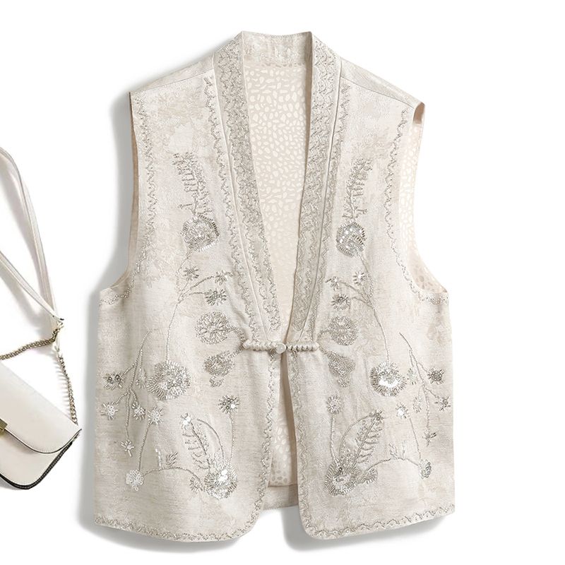 

New Chinese Style National Style Heavy Industry Beads Embroidery Vest Vest Women 2025 Spring New Fashionable Western Style Vintage top Fashion Beige M