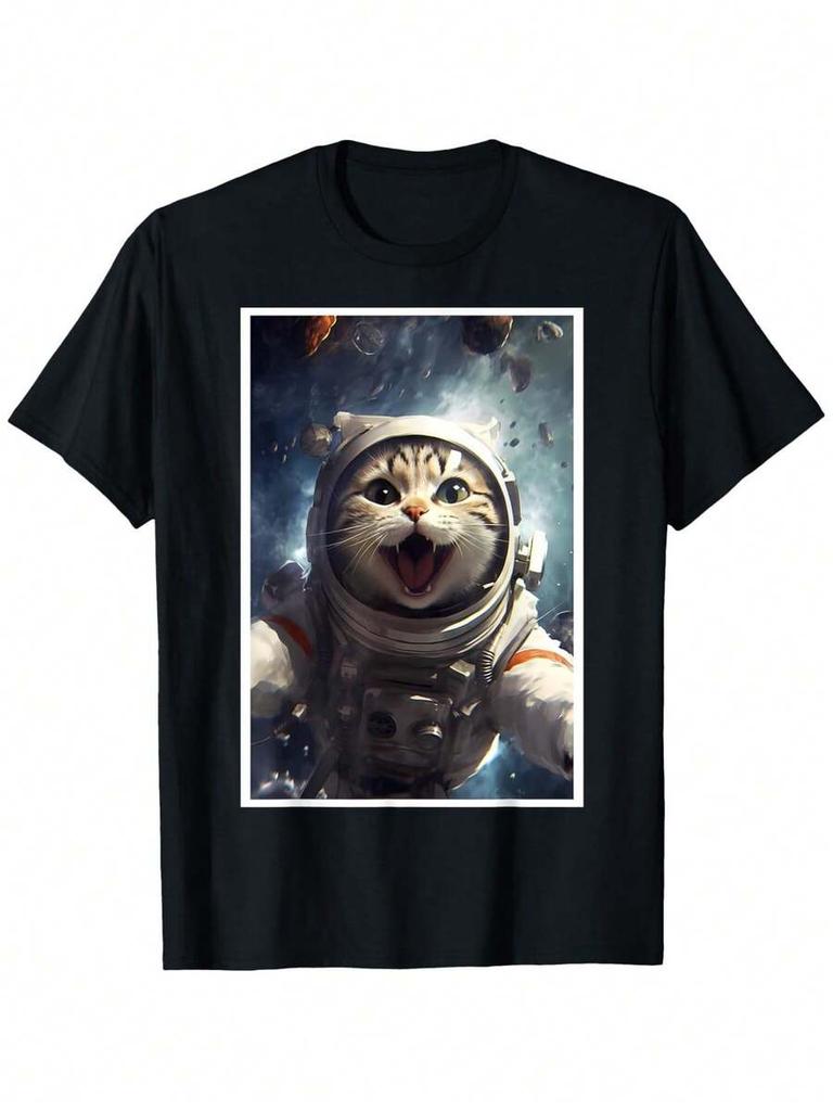 Camiseta Divertida Estampada de Gato Astronauta Galáctico, Camiseta Estampada Unisex