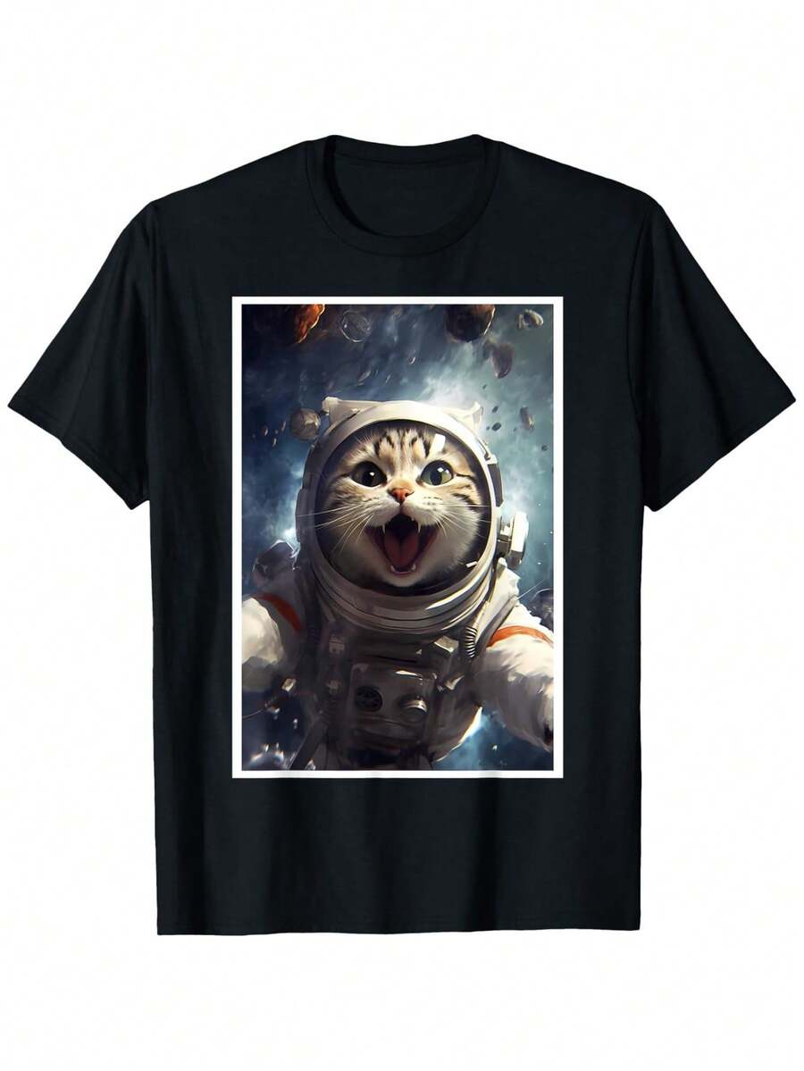 Galactic Cat Astronaut Fun Printed T-Shirt, Unisex s Printed T-Shirt S