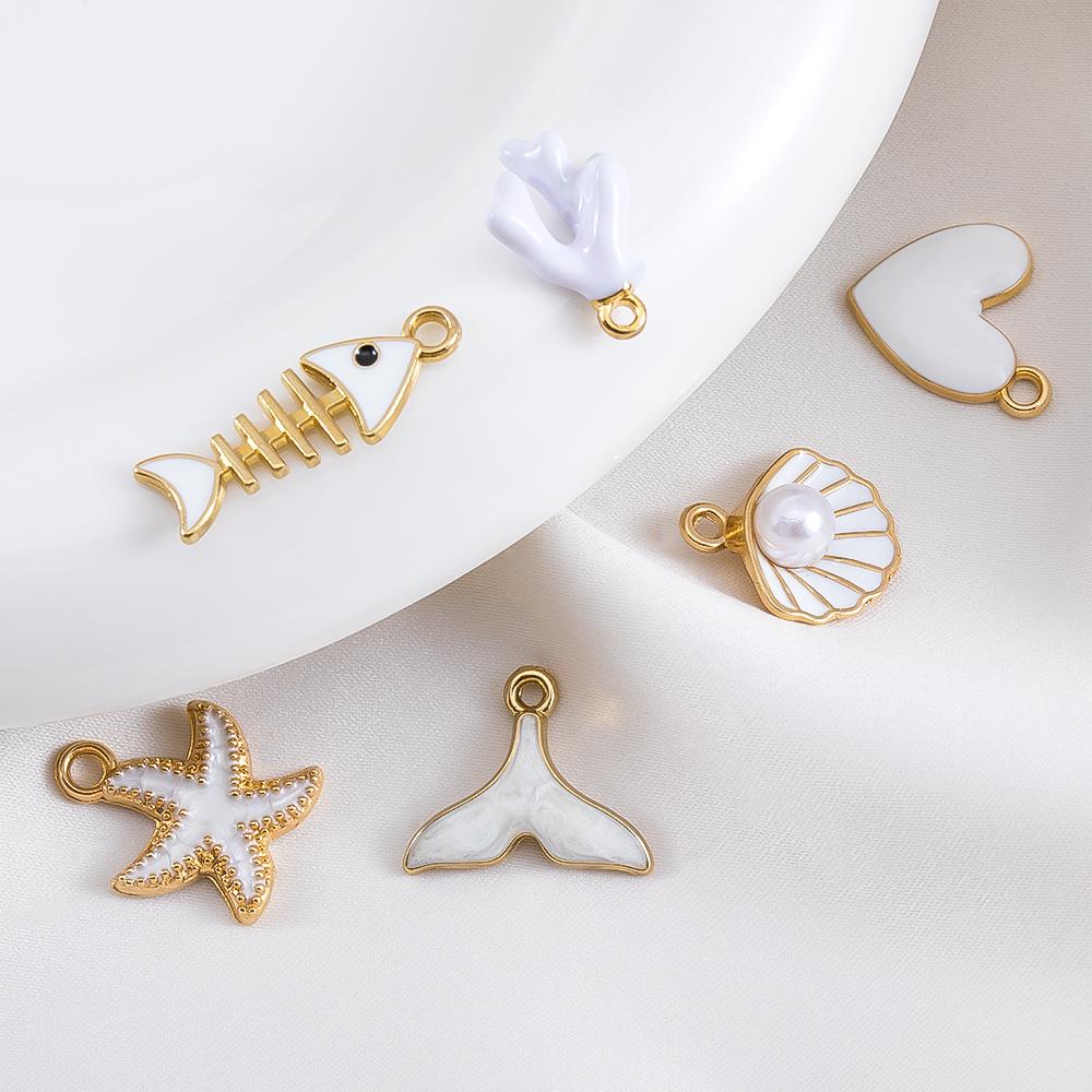 10pcs Trend White Enamel Ocean Coral Conch Fish Bones Fishtail Heart Charms Alloy Pendants DIY Necklace Keychain Jewelry Making