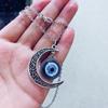 Trendy Personality Turkish Blue Eyes Hollowed-out Pattern Crescent Moon Sun Evil Eye Pendant Necklace for Women Men Jewelry Gift
