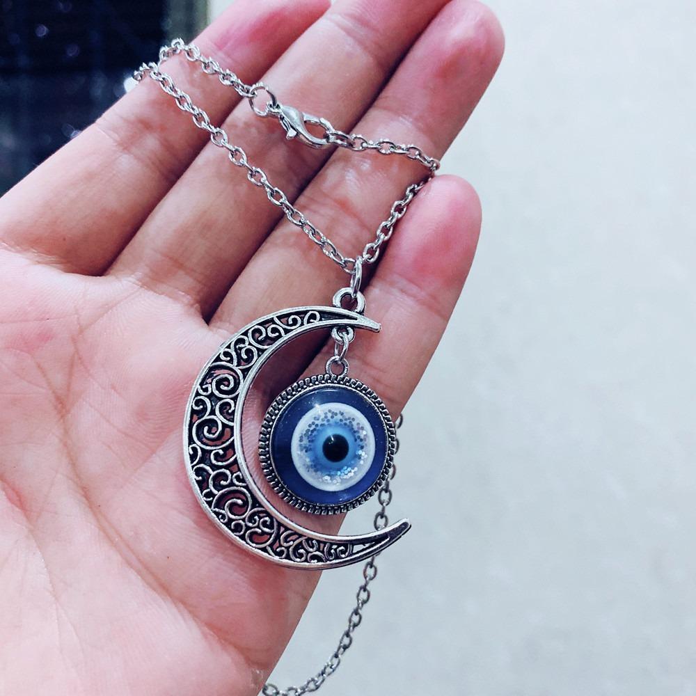Trendy Personality Turkish Blue Eyes Hollowed-out Pattern Crescent Moon Sun Evil Eye Pendant Necklace for Women Men Jewelry Gift