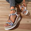 Damen Böhmische Keilsandalen, Zehenfrei Ausgeschnitten Holzschnalle Sommerschuhe, Übergröße Mode-Schuhwerk