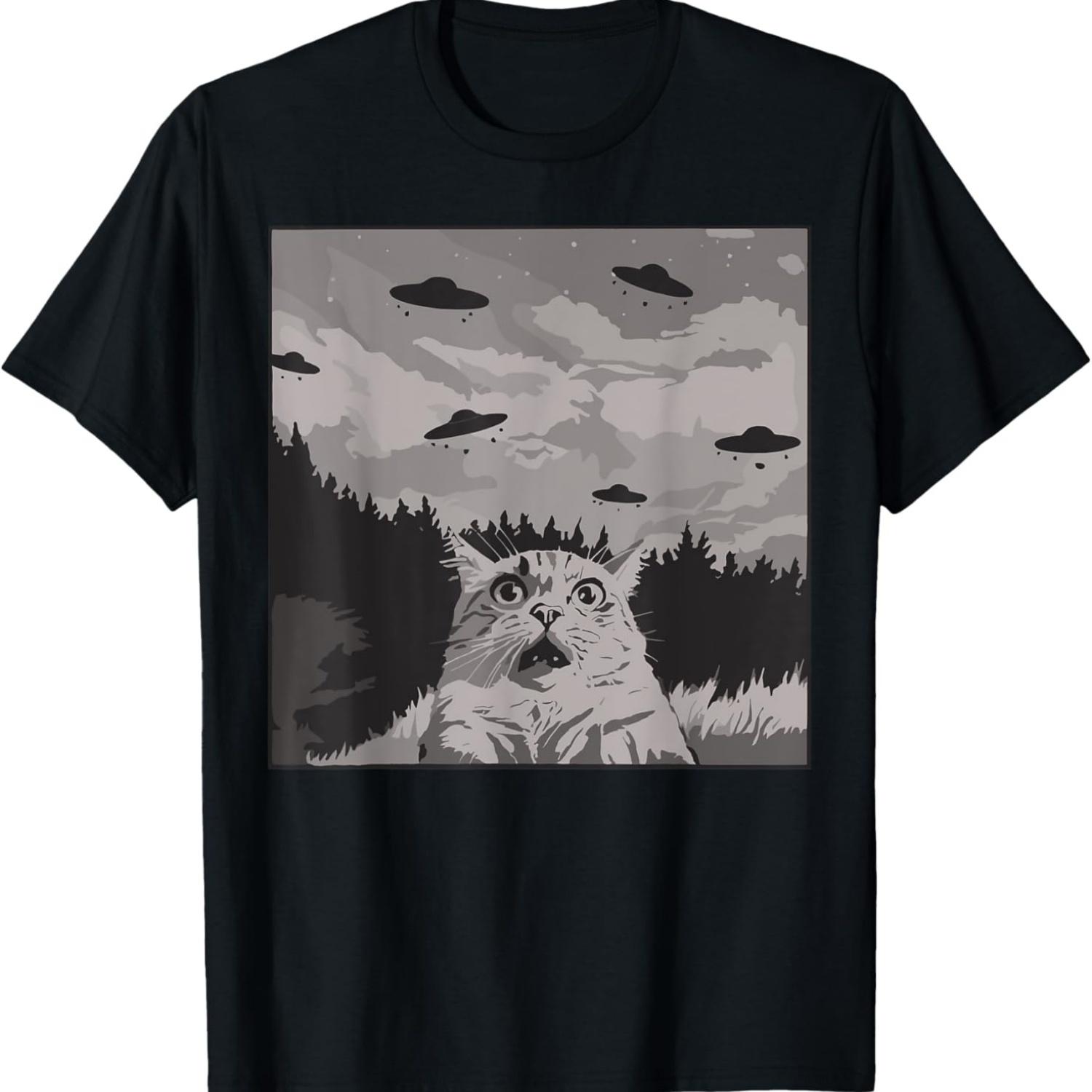 Funny Cat Selfie With Cat UFO Meme Cat Meme Alien Invasion T-Shirt S