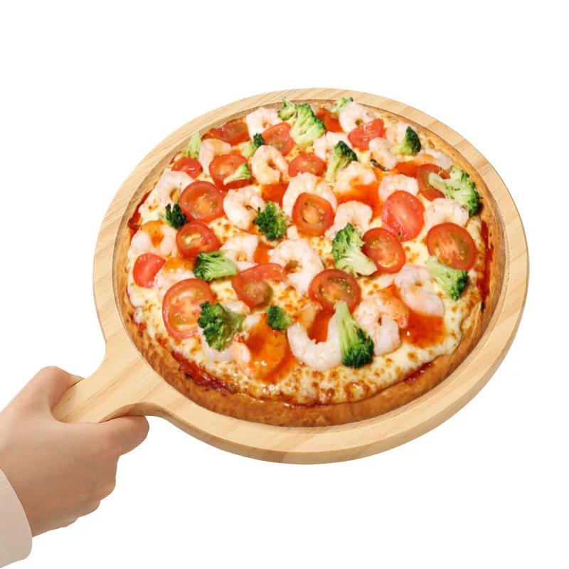HeMu Wooden Cutting Board Pine Wood Pizza Board with Handle Round Portable Wooden Dinner Plate Kitchen Fruit Steak Tray