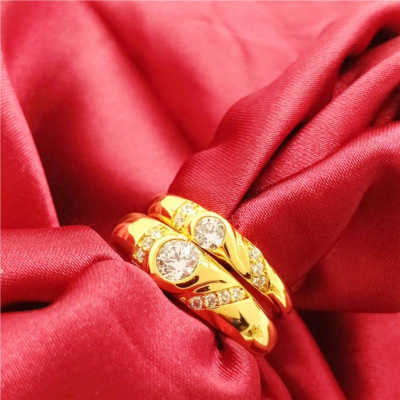 Vietnamese Sand-Gold Gilded Brass Heart-Shaped Couple Ring Set with Diamonds - Qixi Valentine's Gift