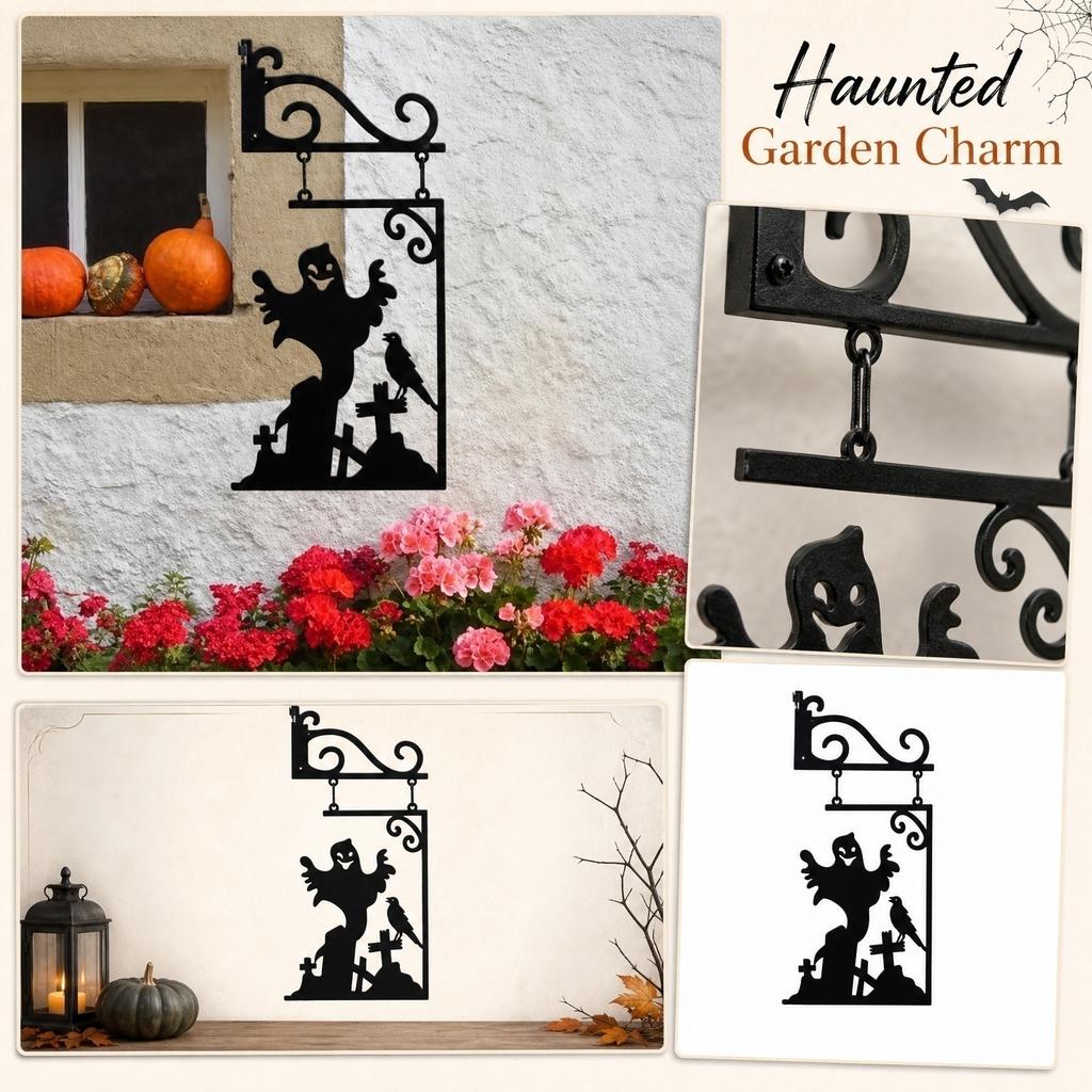 Metal Wall Hanging Sign Ghost and Crow Silhouette Halloween Decor Outdoor Indoor Garden Yard Porch Decoration with Bracket