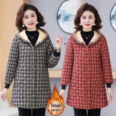 Stylish Mid-Length Plaid Cotton Coat for Moms: Fleece-Lined, Thickened, and Warm for Middle-Aged and Elderly Women