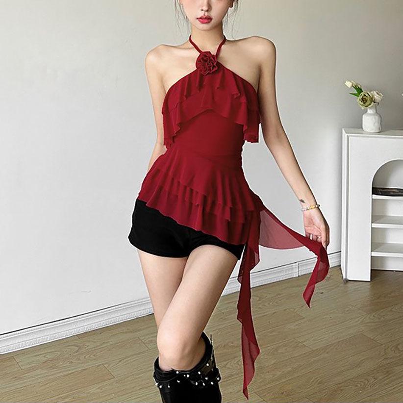 Chic 3D Rose Halter Crop Top - Women's Ruffled Irregular Summer Style