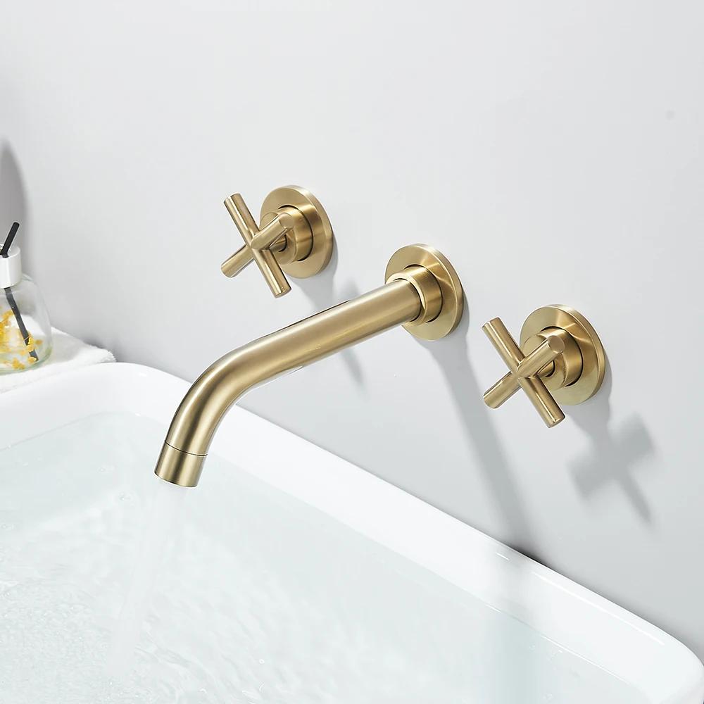 Brushed Golden Basin Faucet Wash Basin Sink Faucet Bathroom Basin Taps Wall Mounted Hot Cold Water Mixer Tap Bathtub Mixer