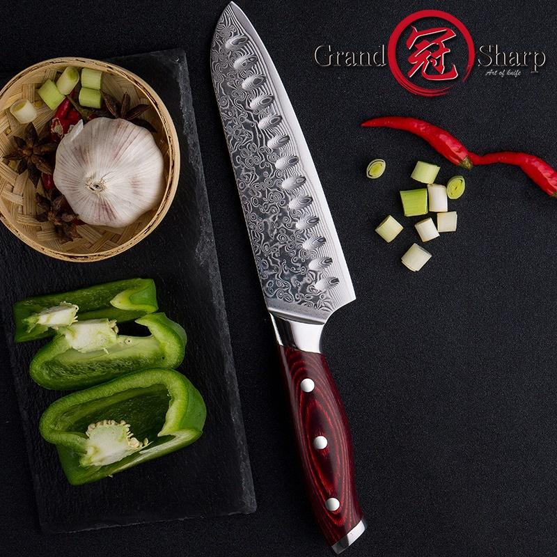 Grandsharp 7 Zoll Santoku Kochmesser Damaszenerstahl 67 Lagen VG10 Japanischer Stahl Küchenmesser