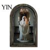 Hanging Halloween Decorations Arched Wooden Wall Decor, Ghost Cat Ornament, Distressed Gothic Medieval Style Window Frame Tabletop Decor Plaque,
