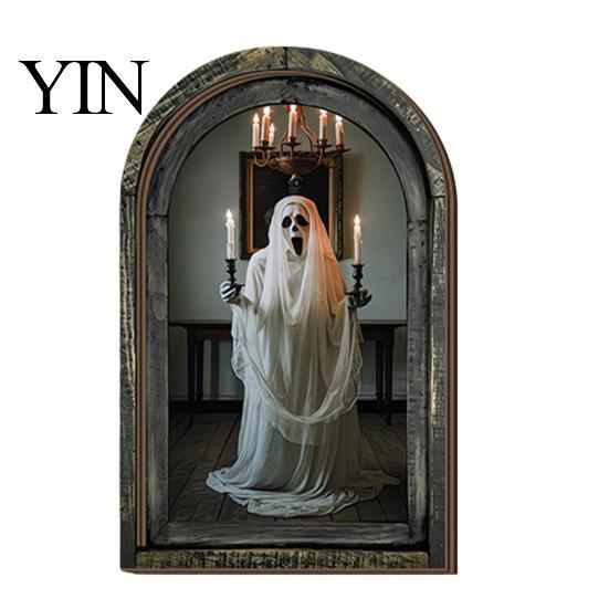 Hanging Halloween Decorations Arched Wooden Wall Decor, Ghost Cat Ornament, Distressed Gothic Medieval Style Window Frame Tabletop Decor Plaque,