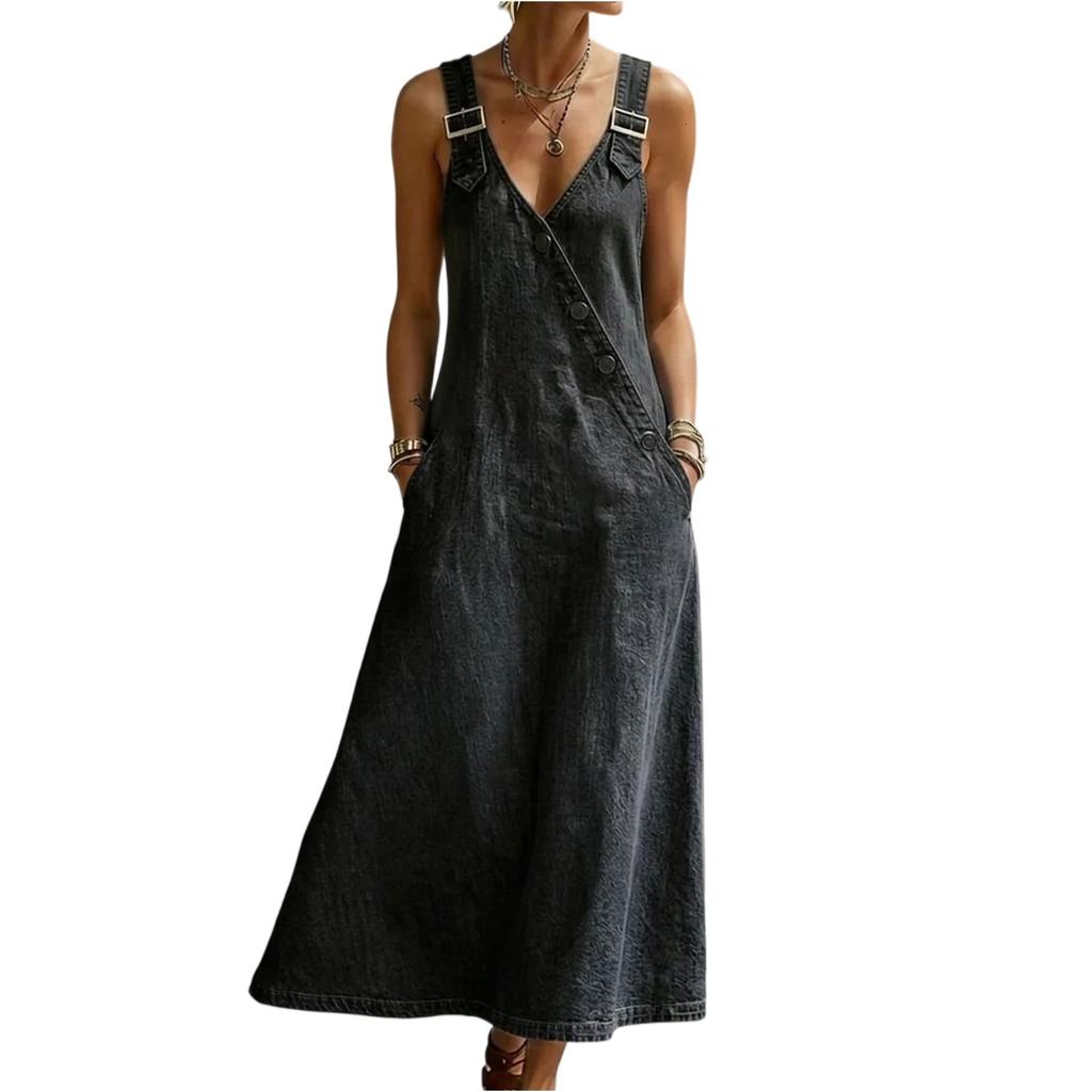 Women’s Vintage V Neck Denim Overall Long Dress Loose Fit Sleeveless Adjustable Strap Button Down Casual Maxi Dress