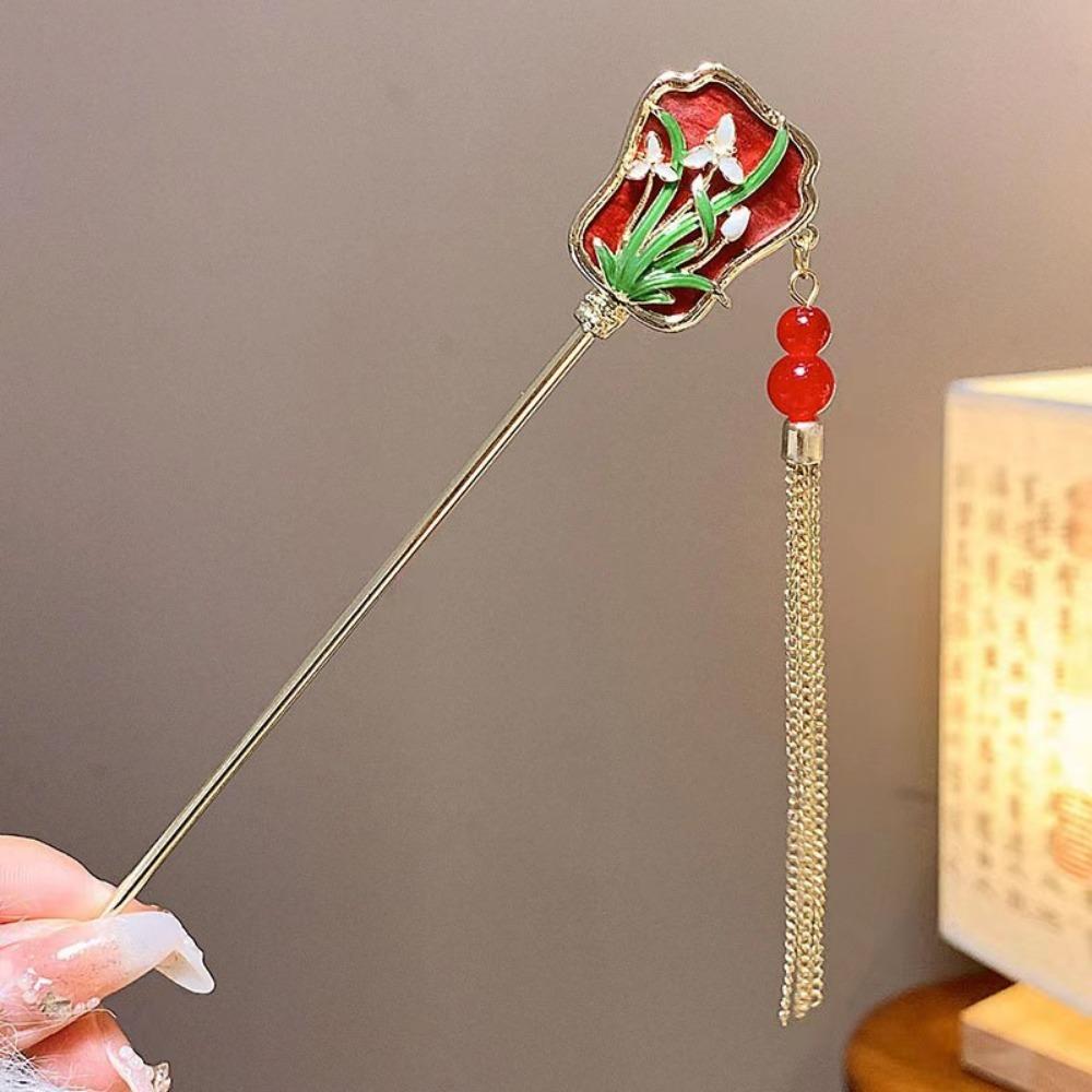 Red Tassel Pearl Flower Hair Stick Elegant Fan Shape Chinese Versatile  Style Pearl Hair Stick Hair Fork Hairpin Hanfu Party