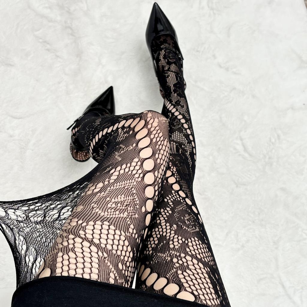 Sexy Hollow Lace Fishnet Socks American Stockings Retro Coffee Vertical Striped Pantyhose Women With Leg Covers