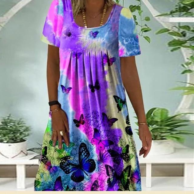 Women's Summer Autumn Short Sleeve Round Neck Pleated Printed All-Match Dress Women Fashion Casual Loose Dress