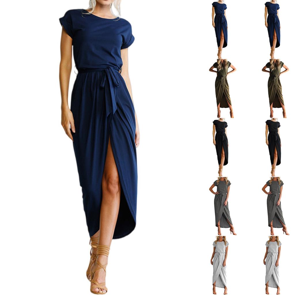 Fashionable Women'scolor Short-sleeved Round Neck Irregular Dress With Rolled-up Sleeves