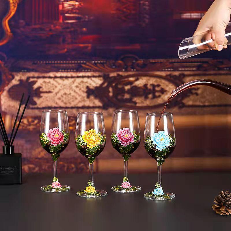 Superior Enamel Peony Glass Crystal Champagne Cup Set Goblet Glasses Glasses of Wine Wineglass Luxury Glass Cups Vintage Whiskey