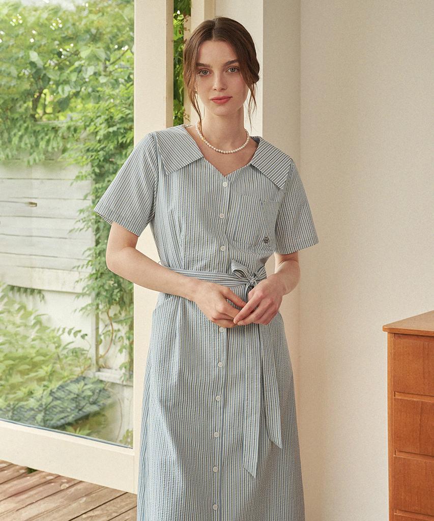 MICANE Bubly Striped Open Collar Long Dress