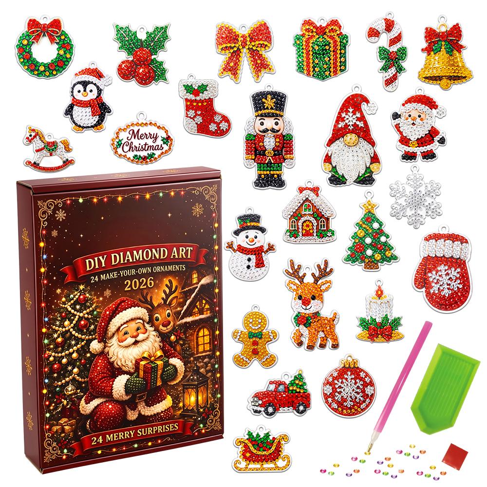 2026 Kerst Adventskalender DIY Diamant Kunst Kit, 24 Dagen Aftellen Maak Je Eigen Kerstboom Hangende Ornamenten, 5D Diamant