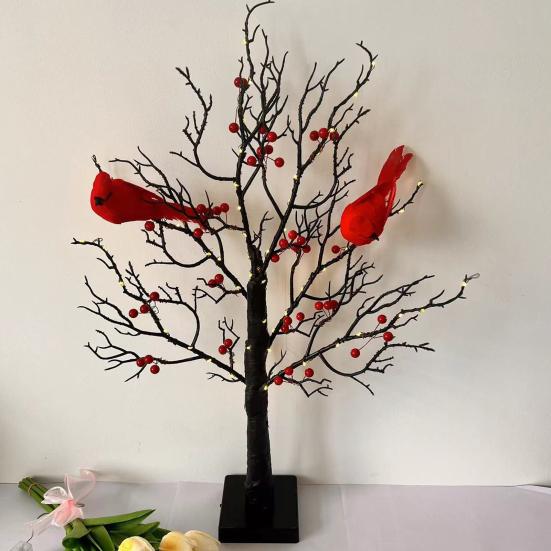 LED Vintage Glowing Tree with Cardinals Battery Operated Twinkle Trees Lamp with Lighted Branches Christmas Halloween Decorations