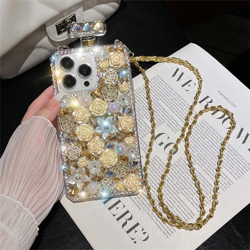 For Apple 16pro Perfume Bottle Phone Case Rhinestone Rose for IPhone17 Crossbody Full Diamond 14 Luxury