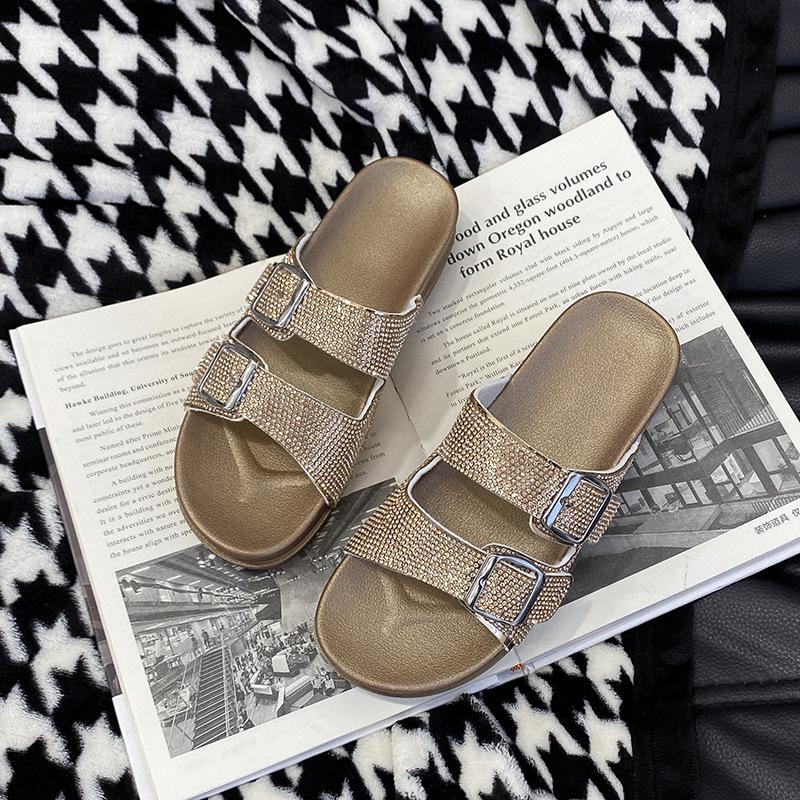 Thickbottomed Rhinestone Oneword Slippers Women's Summer New Retro Outer Wear Fashionable Versatile Softbottomed Beach Sandals