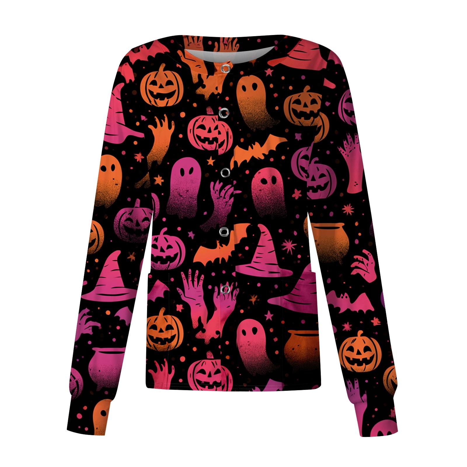 Women s Long Sleeve Halloween Print Button Front Scrub Top for Uniform M