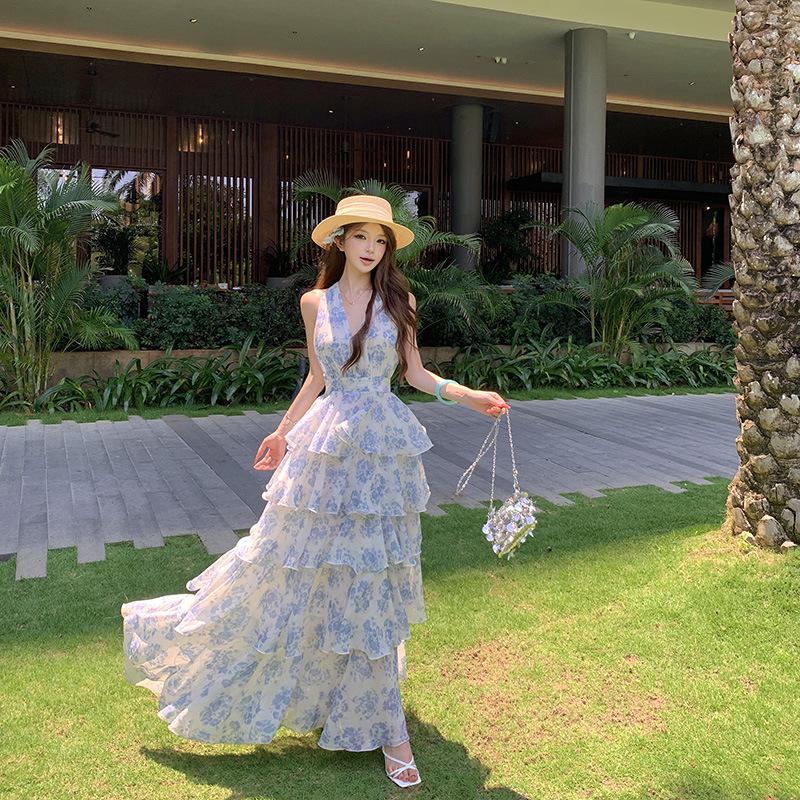 

Праздничный ветер цветочный v-образный вырез платье женское летнее талия тонкий ярусная юбка бретельки на спине без спинки длинное платье S