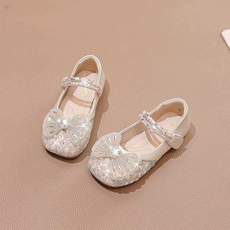 Girls' Shiny Princess Shoes with Bow Rhinestones Small Leather Shoes Fashionable Soft-soled Crystal Shoes