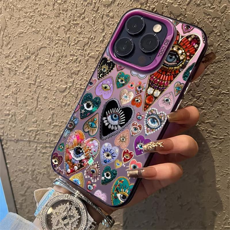 Evil Eye Glossy Heart Pattern Electroplate Silver IMD Phone Case For iPhone 16 Pro Max 15 14 13 12 11 7 8 16 Plus X XS XR Cover