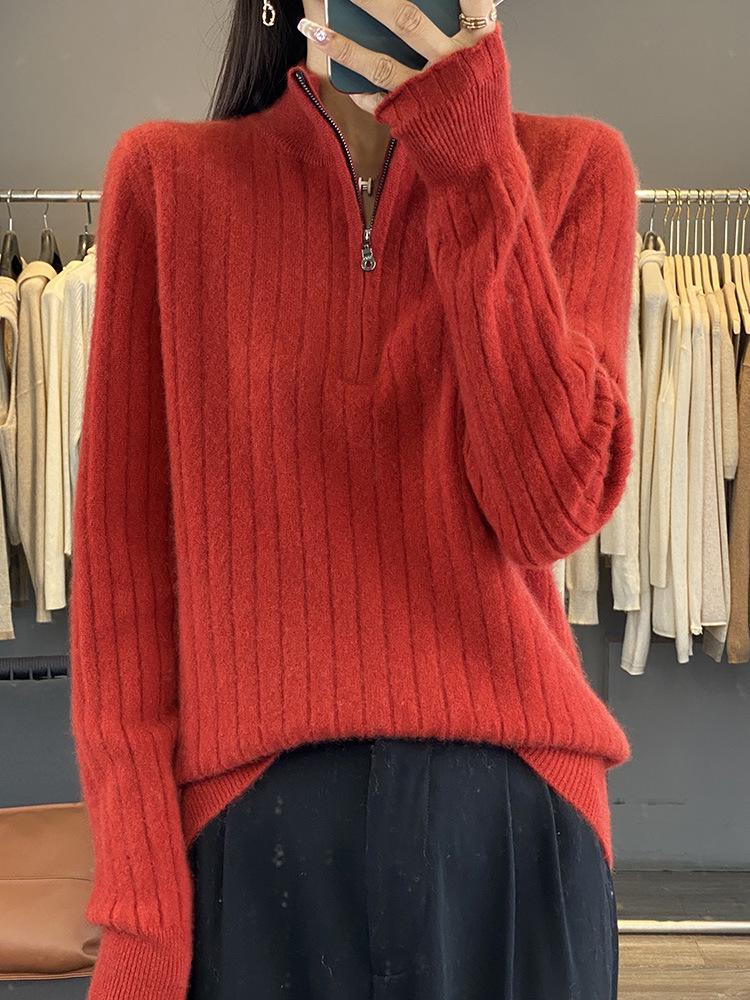 Women's Heavy-Duty Half-Zip Cable Knit Wool Sweater - Warm, Thickened Stand Collar for Autumn & Winter
