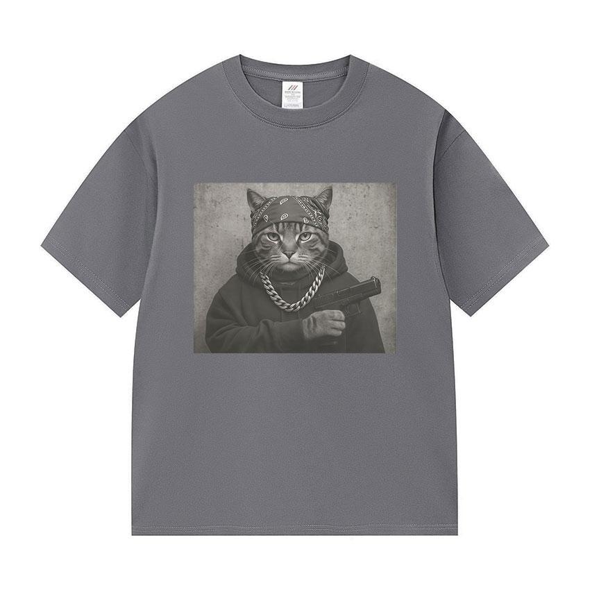 2025 Summer Funny Cat Graphic Print T Shirt Gang Cat Cool Hip Hop Men's Vintage High Quality 100% Pure Cotton Printed T-shirt