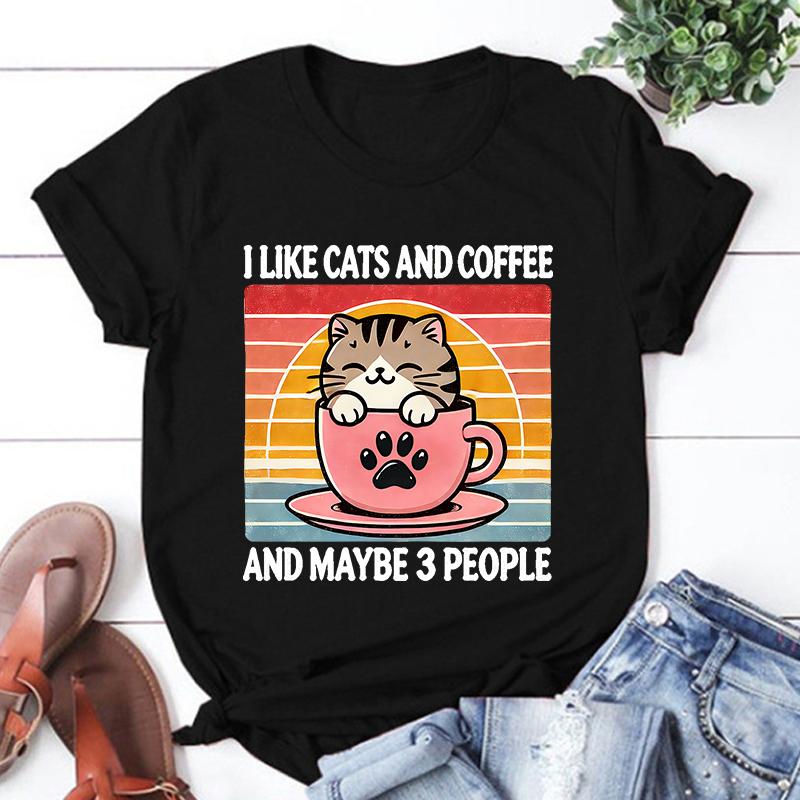 

Cat I Like Cats And Coffee And Maybe 3 People Print T-Shirt Women Men Summer Casual Short Sleeve Round Neck Tops Fashion T-Shirt 5XL різнокольоровий