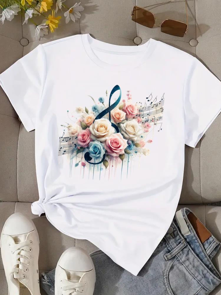 (Asian Size) Flower Watercolor Cute Women Clothing T Shirt Woman Top Fashion Female Short Sleeve Graphic T-shirts Print Tee