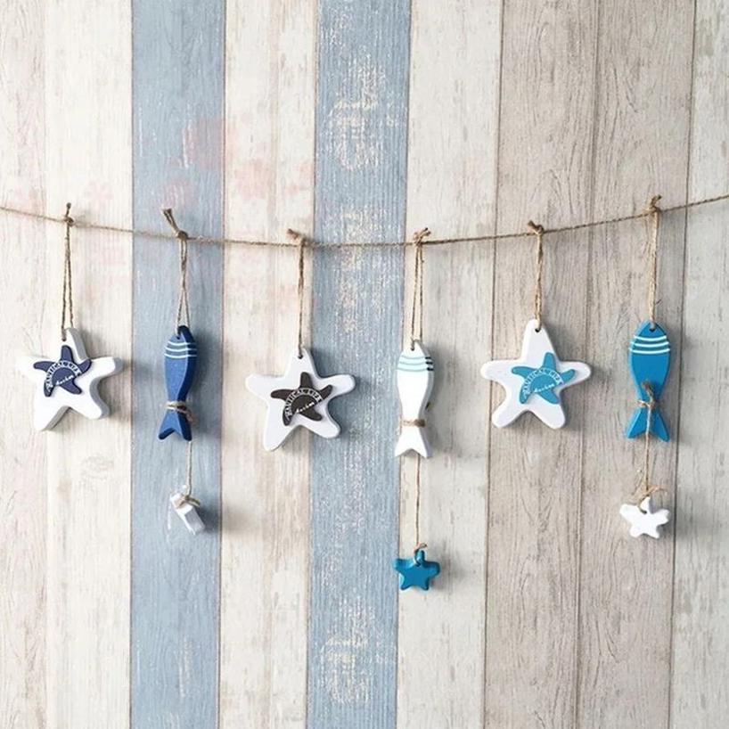 1 Pcs Marine Style DIY Home Decorative Wooden Small Fish Seahorse String Wall Hangings Starfish Dolphin Pendant Random Color