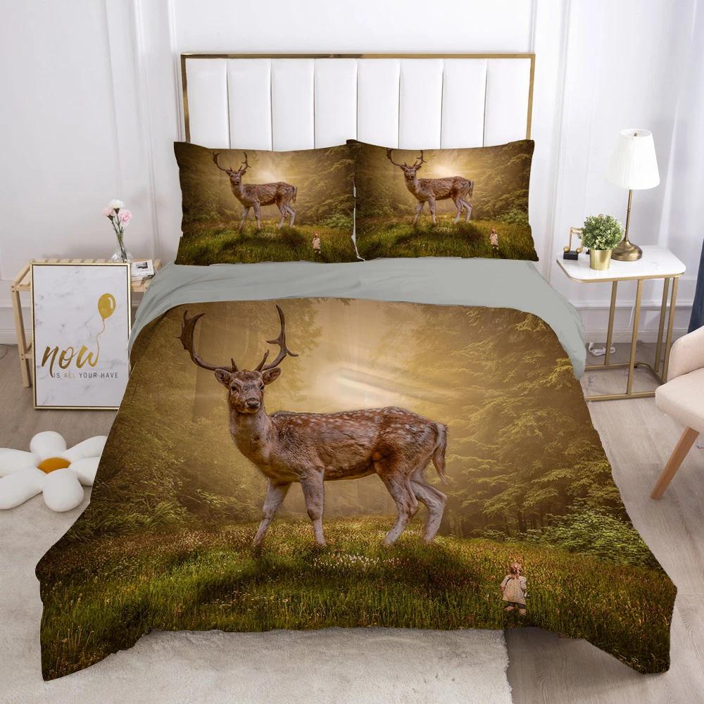 Christmas Deer King Queen Duvet Cover Animal Elk Bedding Set 2/3pcs for Kids Teens Adults Blue Soft Quilt Cover with Pillowcase