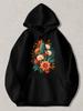 Black Pullover Hoodie with Vibrant Cactus and Orange Floral Print Unisex Casual Sweatshirt with Kangaroo Pocket for Daily Wear Aut