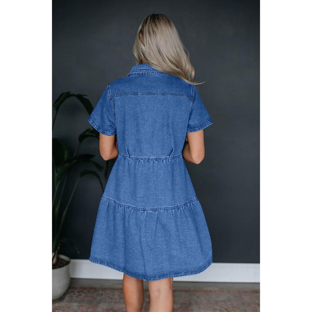 IHUASU Rochie Casual din Denim cu Rever și Mânecă Scurtă de Vară
