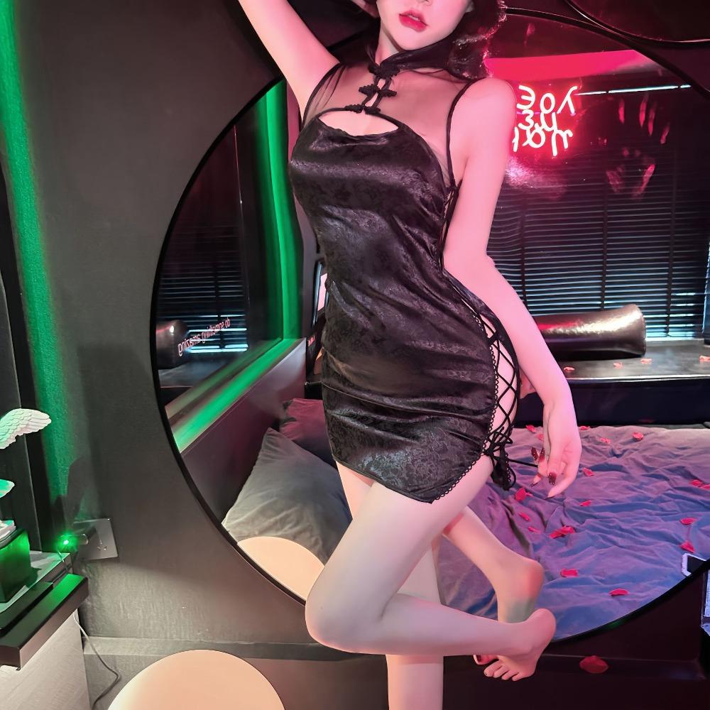 Sexy Retro Jacquard Strap Cheongsam Uniform Temptation Perspective Sex Underwear Stand-up Collar Buckle Open Sex Cheongsam