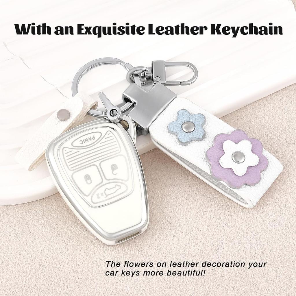 for Jeep Key Fob Cover with Leather Keychain, Soft TPU Key Case Protection Fit for Jeep Wrangler Compass Dodge Ram Durango Caliber Dakota Nitro