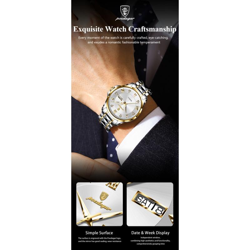 POEDAGAR Fashion Military Men Clock Waterproof Luminous Date Week Man Wristwatch Stainless Steel Quartz Watches Male Reloj