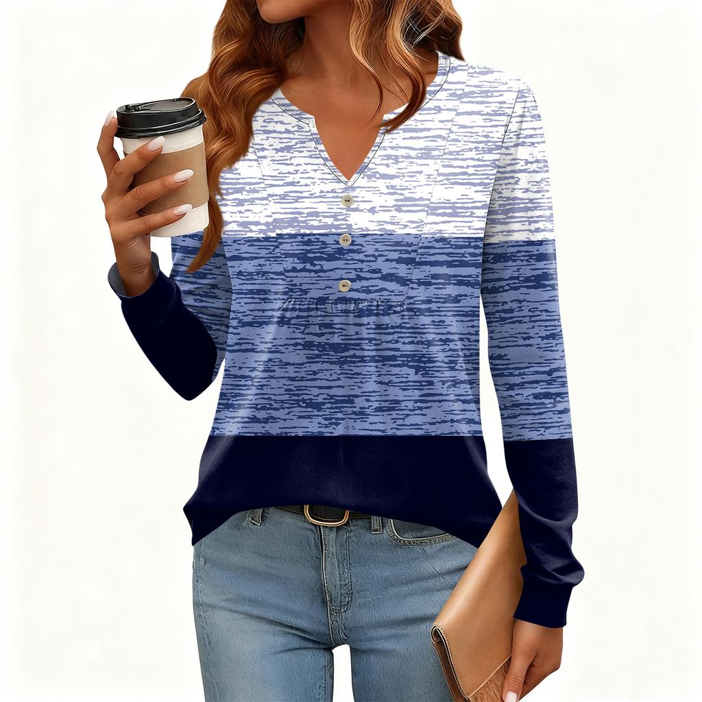 Women's Relaxed,Fit V,Neck Vintage Color,Blocked Floral Print Long,Sleeve Pullover Tee